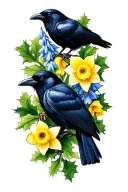 larkspur, holly, daffodil, two ravens tattoo design idea