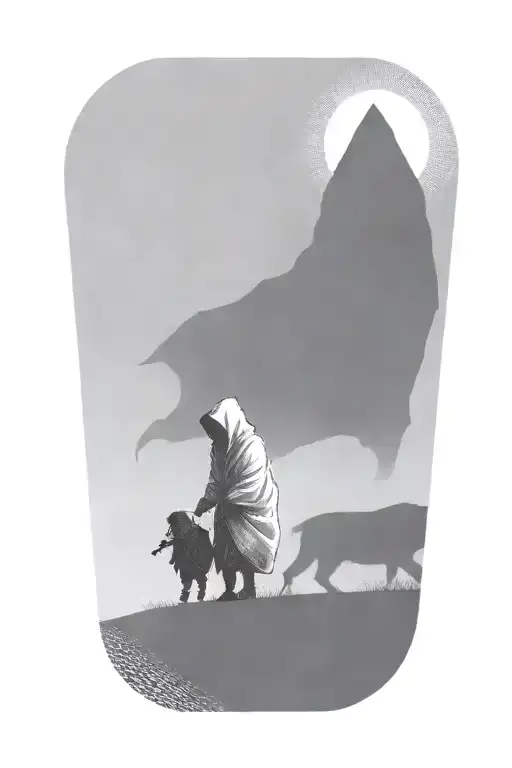 a girl and huge hooded beast walking side by side tattoo design idea