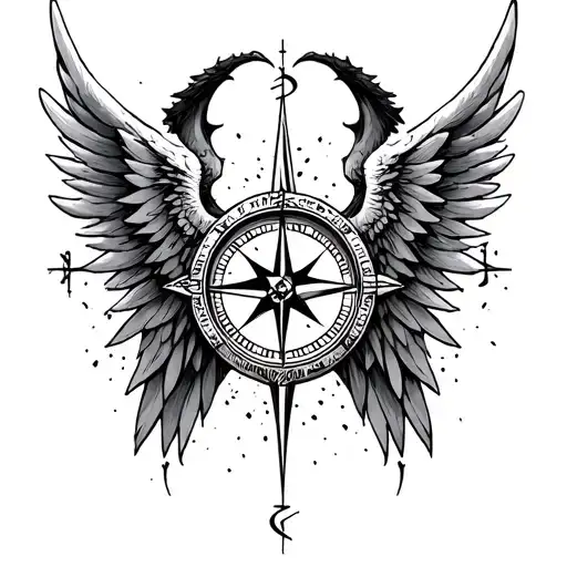 compass half demon angel wings tattoo design idea