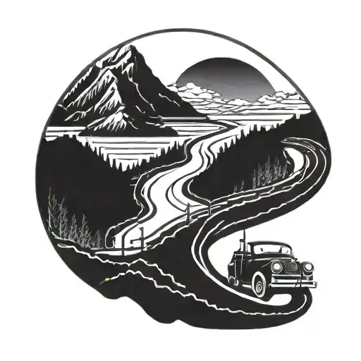 An intricate blackwork tattoo of a fishing hook morphing into a winding mountain road, with a classic car speeding along it tattoo design idea