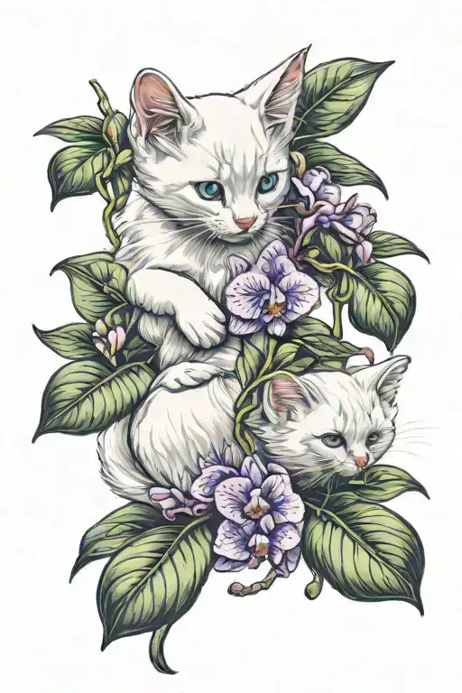 A white kitten sits with its back to me and sniffs an orchid branch, there are two spots on its back near its tail tattoo design idea