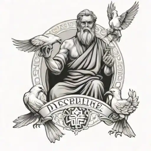 greek god with doves and chinese words for "discipline" "kaizen"  tattoo design idea