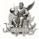 greek god with doves and chinese words for "discipline" "kaizen"  tattoo design idea