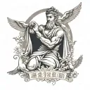 greek god with doves and chinese words for "discipline" "kaizen"  tattoo design idea