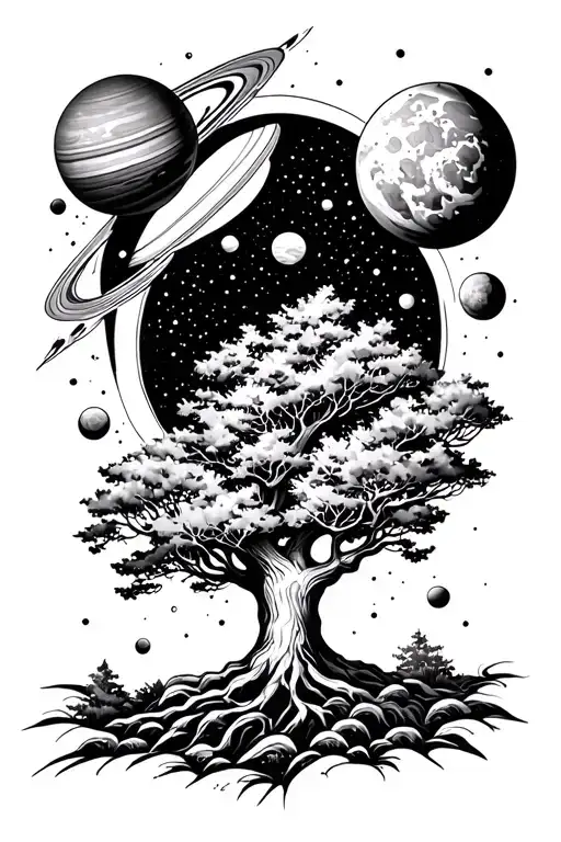tree and space with planets tattoo design idea