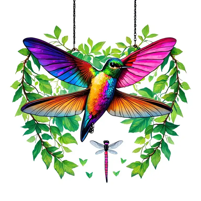 vines hanging, hummingbird hovering, dragonfly landing tattoo design idea