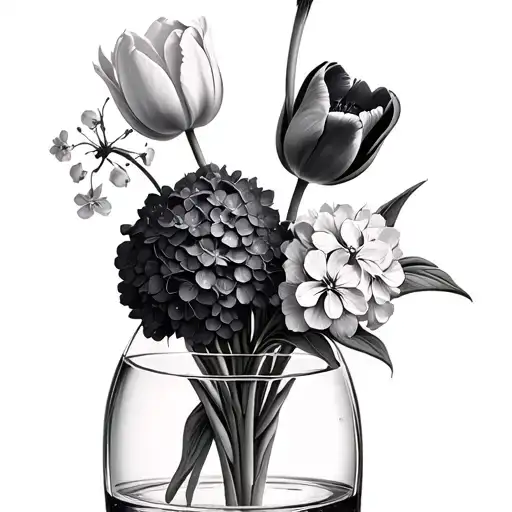 see through a long vase with water in, with a tulip, forgetmenot and hydrangeas. make the vase taller than flowers tattoo design idea