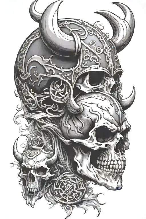 Viking skull with bear carcass tattoo design idea