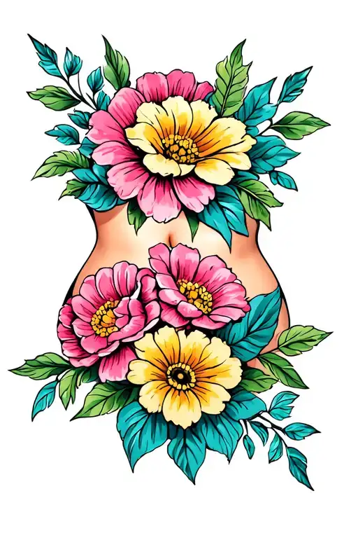 plus size hip and stomach design featuring flowers tattoo design idea