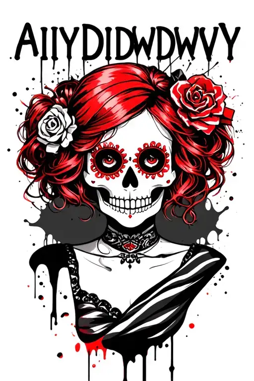"AIYDIWDWY" sugar skull with red hair wearing a hair scarf tattoo design idea