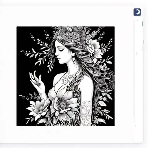 create a detailed transparent stencil outline of a feminine tattoo that depicts a goddess surrounded by flowers and feat tattoo design idea