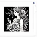 create a detailed transparent stencil outline of a feminine tattoo that depicts a goddess surrounded by flowers and feat tattoo design idea