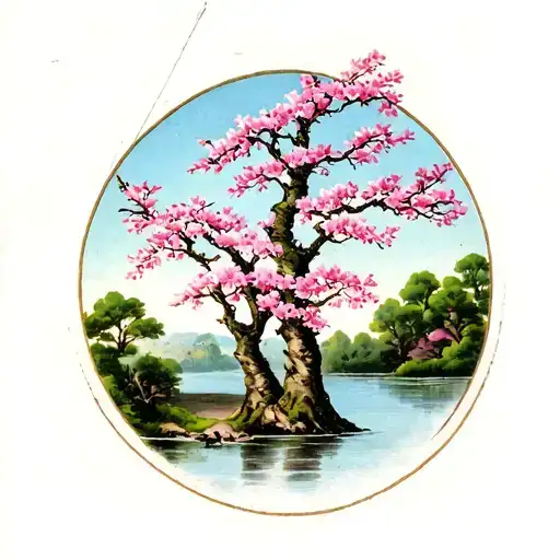 TWO SIMILAR BUT OPPOSITE CHERRY BLOSSOM TREES tattoo design idea