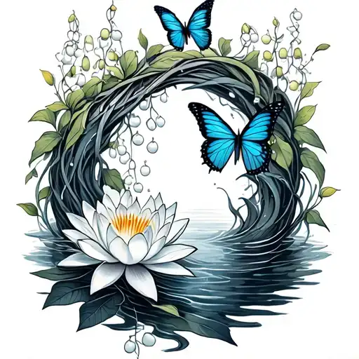 Aquarius and Pisces constellation intertwined vines surrounded by water lily of the valley zodiac symbol and butterfly  tattoo design idea