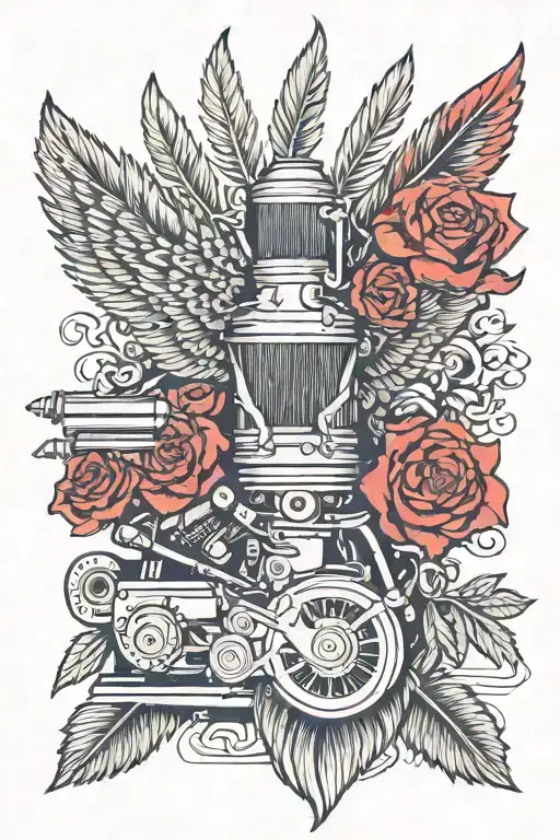 An intricate design of a Harley Davidson engine surrounded by red roses and bold eagle feathers tattoo design idea