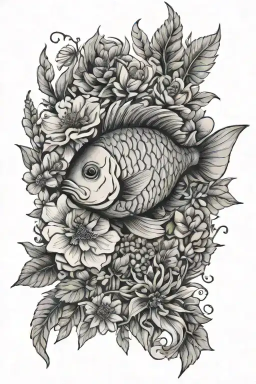 coi fish and herbs and florals tattoo design idea