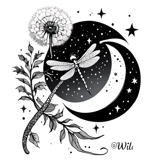 Tattoo. Dragonfly. Dandelion. Stars. Moon. Infinity. snake. Name: Joe. Name: Wil tattoo design idea