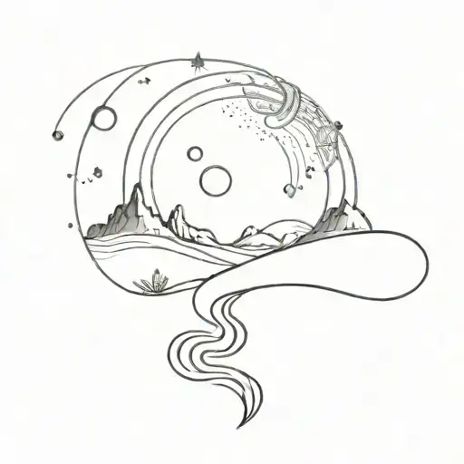 Galaxy landscape with a winding road leading towards a distant planet tattoo design idea