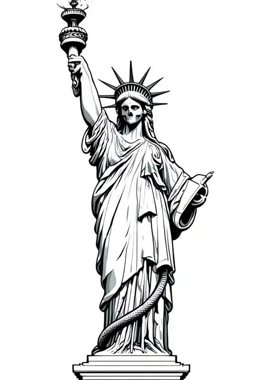 Statue of Liberty with half femine half skull face holding torch with snake wrapping around  tattoo design idea