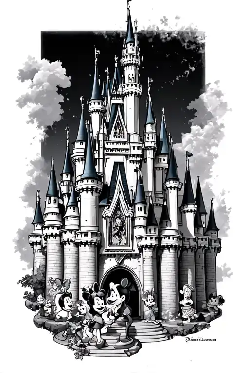 Disney castle with early Disney characters incorporated tattoo design idea