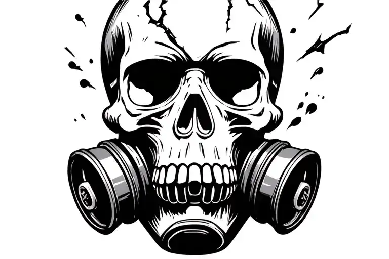 postapocaliptic death skull wearing broken gas mask tattoo design idea