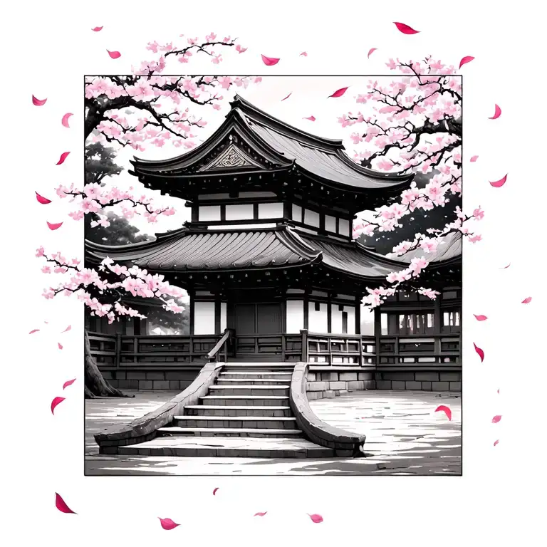 A small Japanese temple with a curved roof, with cherry blossom petals gently carried by the wind. Fine line tattoo, min tattoo design idea