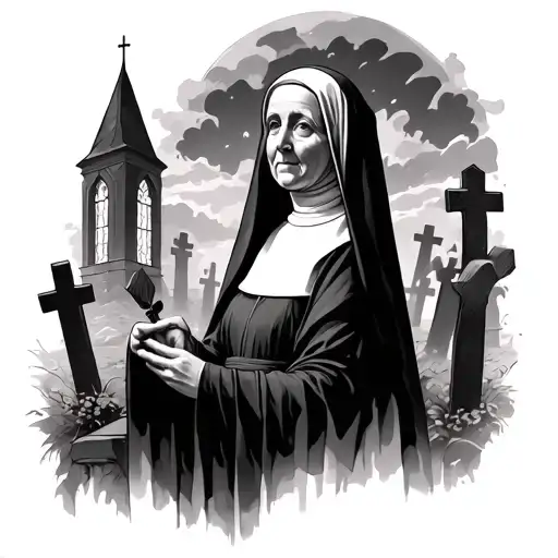 Nun with cemetery and church windows tattoo design idea