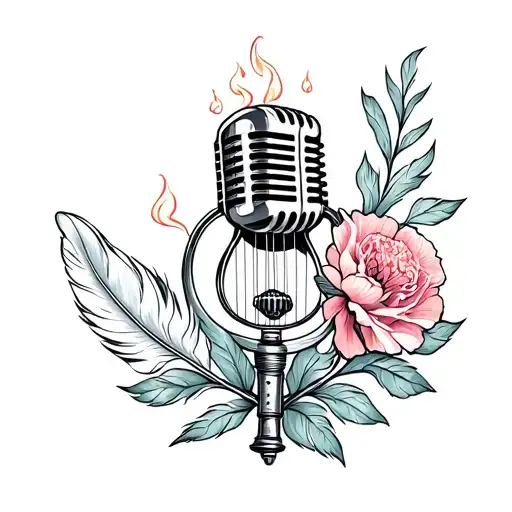  evelyn microphone interwined with carnation flower, lyre, feather, burning match tattoo design idea