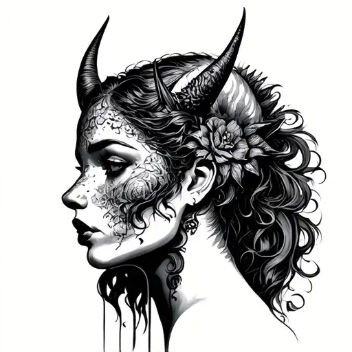 the head half of a woman and half of a demon with woodcut technique tattoo design idea