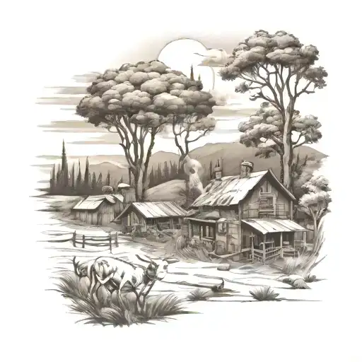 A stylized wildfire scene with farmyard tattoo design idea