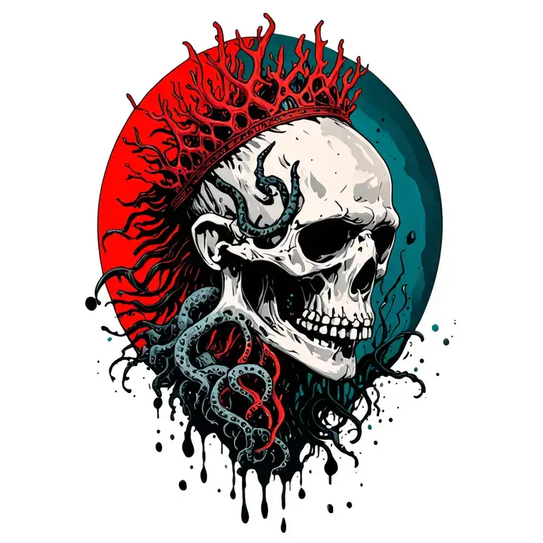 King Of Bones With A Coral Crown, Hades 2 Style, Eldritch, Tentacles, Lovecraftian, Deep Sea background, seaweeds tattoo design idea