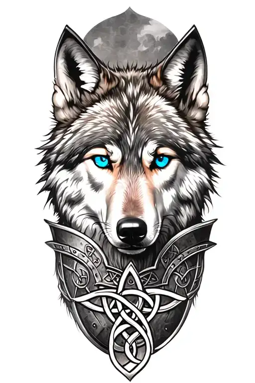 wolf with blue eyes on armor tattoo design featuring Celtic trinity knot  tattoo design idea