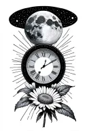 waning moon merging with the sun rays shining behind clock set at 2.09pm with an aster flower tattoo design idea