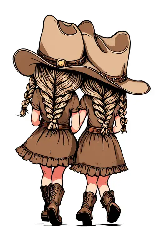 2 little girls in oversized cowboy hats in cowgirls boots with long pigtail braids  walking away holding hands framed tattoo design idea
