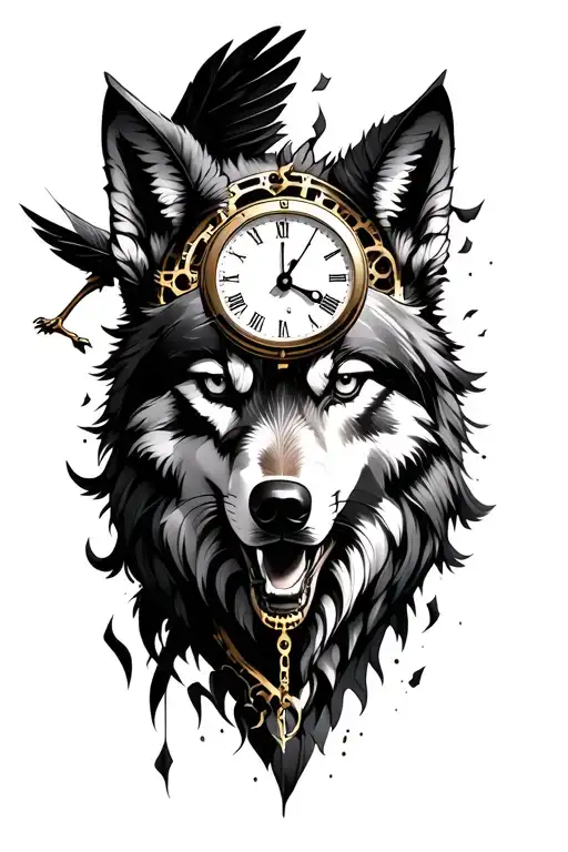 wolf face, broken clock mechanism a crow falling feathers tattoo design idea