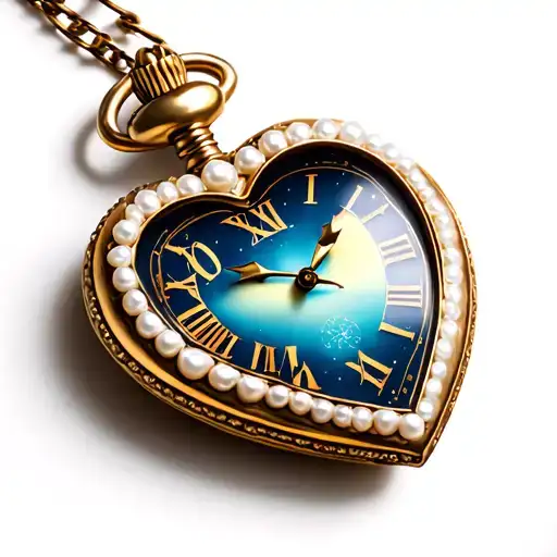 Heart-shaped pocket watch with a white pearl trim, pointing to midnight . tattoo design idea