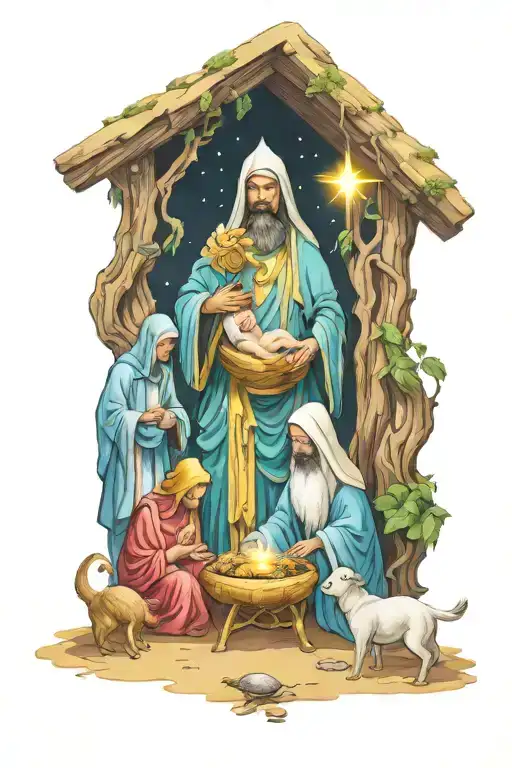 nativity scene 3 alien wisemen. jesus half alien.  gifts are psilocybin, marijuana, and DMT.  tattoo design idea