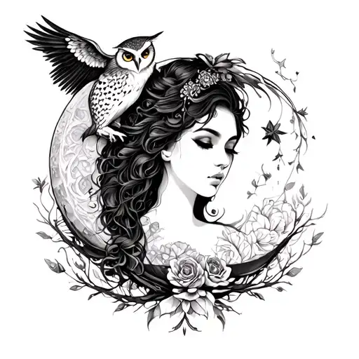 nyx goddess with moon and owl tattoo design idea