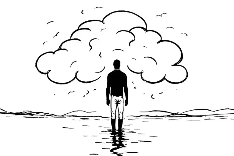 A silhouette of a man standing alone under a stormy cloud, but the cloud is parting slightly ab tattoo design idea