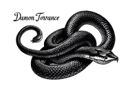 Two snakes that intertwine horizontally and the thin writing "Damon Torrance" is also intertwined tattoo design idea