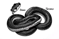 Two snakes that intertwine horizontally and the thin writing "Damon Torrance" is also intertwined tattoo design idea