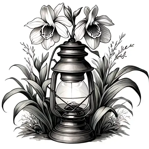 square lantern with ladyslipper orchid tattoo design idea