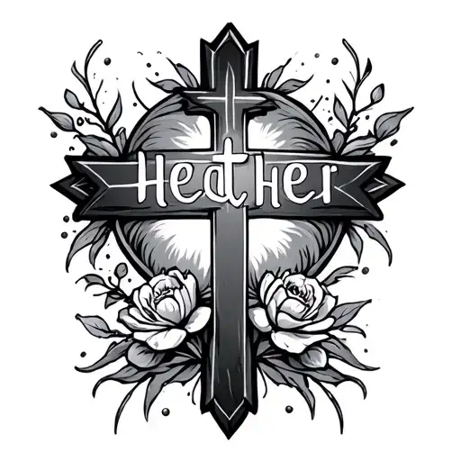 Name heather with cross in the name tattoo design idea