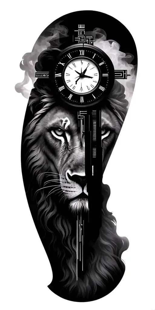 cyberpunk lions eye cross 1991 smoke sci fi scene clock tattoo design idea