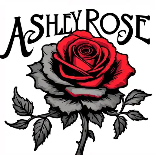 The name ASHLEY ROSE with a small vine intertwined and a red rose tattoo design idea