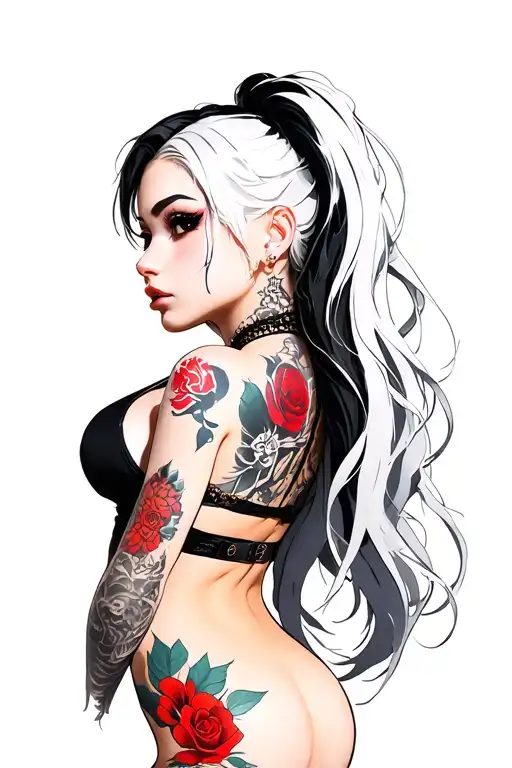 3d sexy anime girl side profile with tattoos long hair blsck and white with red tattoos tattoo design idea