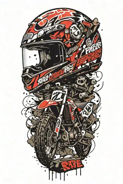 "Born To Ride" texi in horror style on top , under head of motocross helmet  and  below dirt bike tire mark tattoo design idea