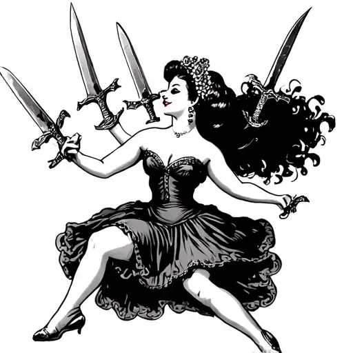 Create a black and white Old School traditional tattoo sketch of a burlesque dancer juggling three daggers.   tattoo design idea