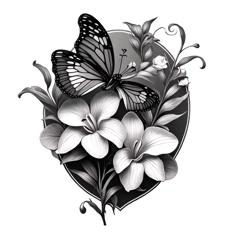 lilly, orchid and butterfly made entirely tattoo design idea