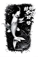 create a tattoo design for my forearm, of a koi going upwards from back of forearm to elbow level, 2 cherry blossoms, an tattoo design idea
